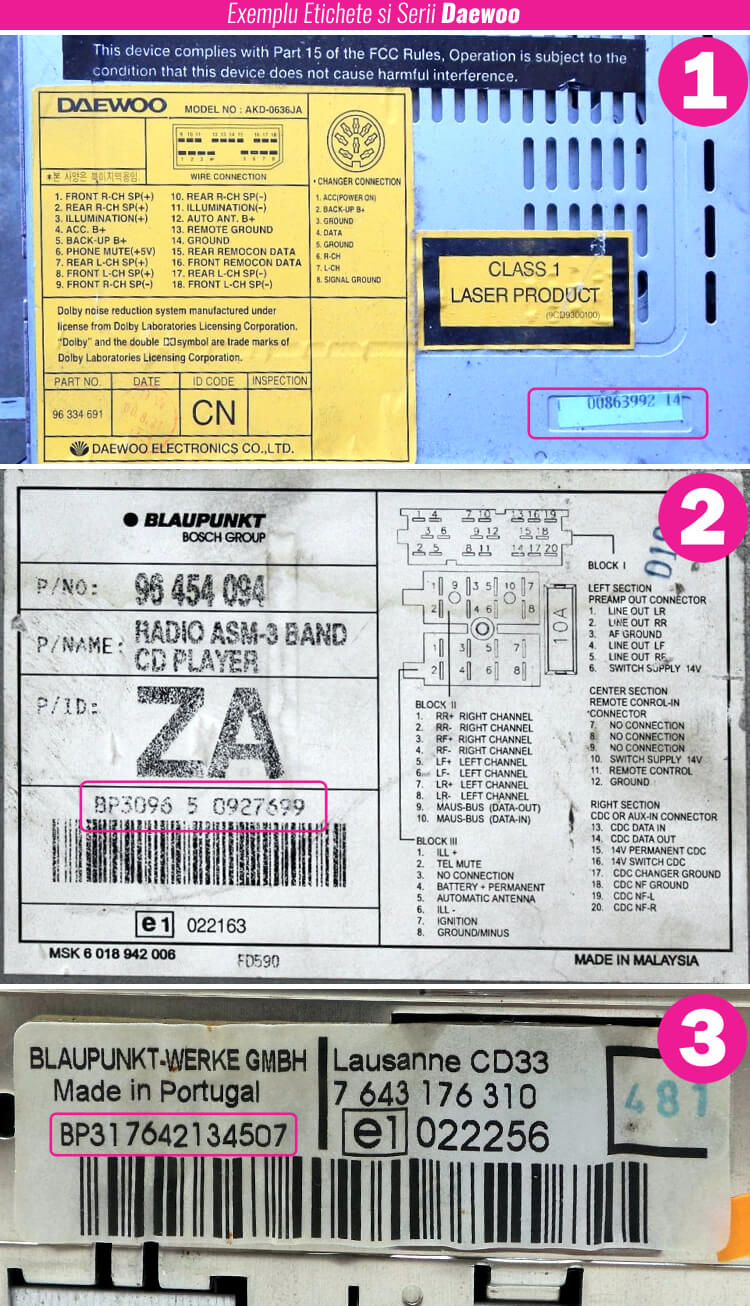 decodari radio cd casetofoane daewoo eticheta serie