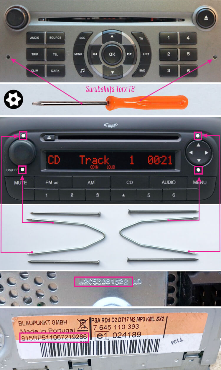extragerea decodare radio casetofon navigatie peugeot